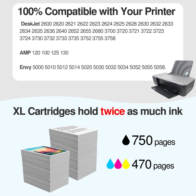 Limeink Remanufactured Ink Cartridges Replacement for HP Ink 65 65XL for HP 65 Cartridges Black Color Combo Pack for HP65 XL 65xl Cartridge for HP Printers - 2BK, 2 Color - Image 5